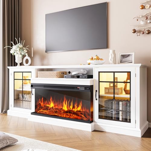 80" Fireplace TV Stand with 3-Sided Glass, TV Cabinet for TVs up to 90", view 2