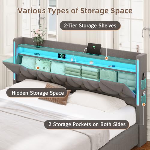 King Size Bed Frame with 4 Drawers, Headboard and Storage, Gray, view 4