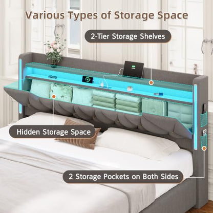 King Size Bed Frame with 4 Drawers, Headboard and Storage, Gray, view 4