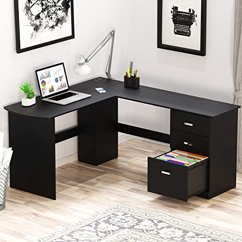 51 x 59 Inches L-Shaped Home Office Wood Corner Desk with Box Box File Drawers, Black