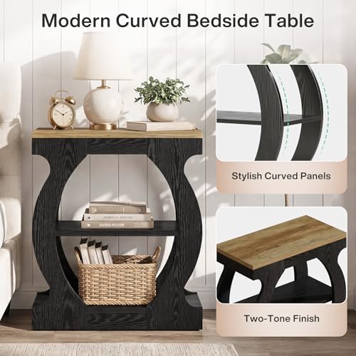 Tribesigns 23.6" Nightstand with 3-Tier Storage, Modern Narrow Bedside Table with Curved Frame for Bedroom, Rustic Oak & Black