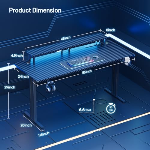 55 Inch Gaming Desk with LED Lights & Cable Management, Black, view 4