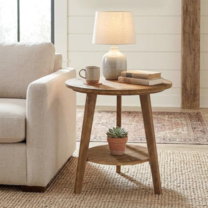 Tribesigns Solid Wood Round Side Table Set of 2, 2-Tier Farmhouse End Table with Storage Shelf, Nightstand for Living Room, Bedroom, Easy Assembly (2, Brown)