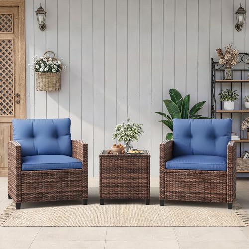3 Pieces Patio Furniture Set, PE Rattan Patio Conversation Set with Tempered Glass Tabletop, Outdoor Wicker Chairs and Table Set for Patio Balcony Garden, Brown & Blue