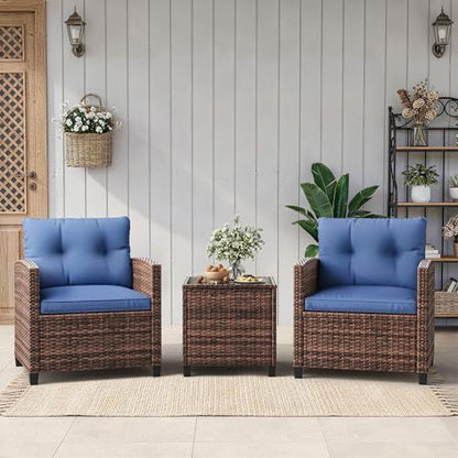 3 Pieces Patio Furniture Set, PE Rattan Patio Conversation Set with Tempered Glass Tabletop, Outdoor Wicker Chairs and Table Set for Patio Balcony Garden, Brown & Blue