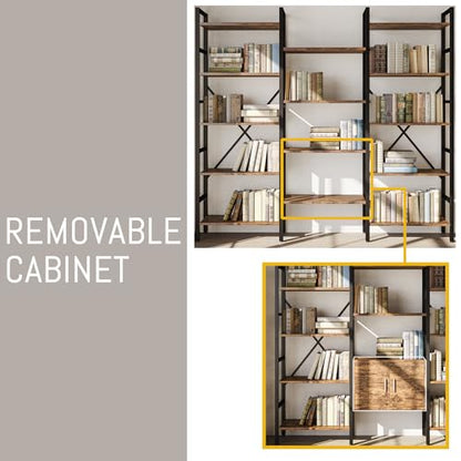 70 x70" Triple 5 Tier Book Shelf, Industrial Large Bookcase with Storage Cabinet, Tall Bookshelf with 14 Open Display Shelves Metal Frame Furniture for Living Room Bedroom Home Office Rustic Brown