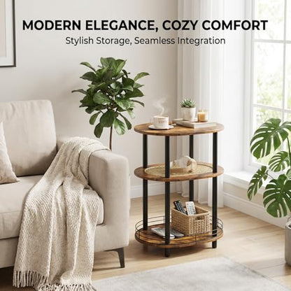 Small Rattan Side Table with Storage, 3 Tier Round/Oval End Table with Rattan Shelf, Boho Nightstand, Tool Free Assembly/Screw-Hole Free Tabletop-Living Room Bedroom-Brown