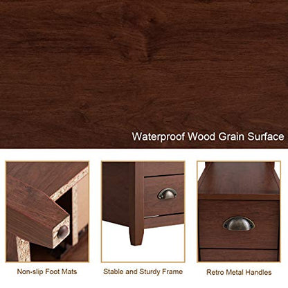 End Table W/ 2 Drawers and Shelf Space-Saving Rectangular Bedside Table with Metal Handle, Retro Side Table for Living Room Bedroom Home Furniture Side Table (1, Brown)