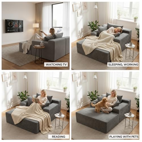 Chaise Lounge with Armrests, Oversized Sofa Bed with 3 Pillows, Cozy Couch, view 7