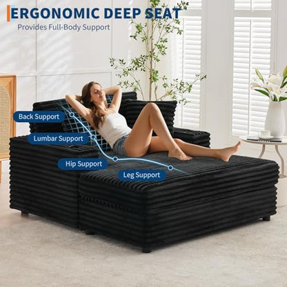 60" Oversized Corduroy Chaise Lounge Chair,Black Indoor Sleeper Sofa, view 4