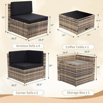 8 Piece Patio Furniture Set, Outdoor Modular Conversation Set, Black | UV Treated Wickers, Machine Washable Cushions, Seats 6, 2 Hidden Storage Compartments, Rustproof Frame, Waterproof