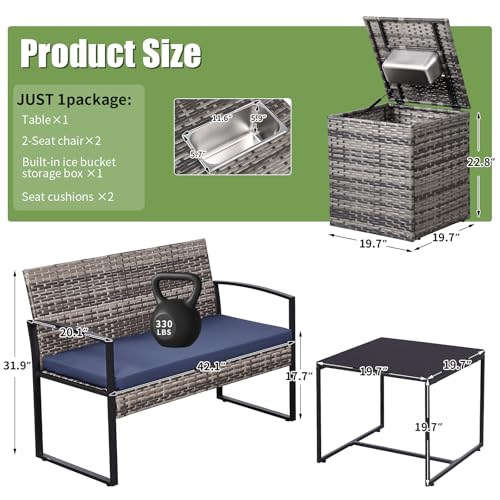 4 Piece Patio Furniture Set w/Built-in Cooler Storage Box, Grey/Blue | All-Weather Hand-Woven Rattan | Tempered Glass Table | Beverage Cooler | Comfy Loveseat | Indoor & Outdoor Use