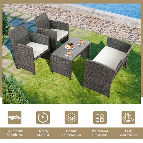4 Piece Outdoor Patio Furniture Set, Outdoor Wicker Rattan Chairs Conversation Sets with Cushions & Coffee Table for Outside, Garden, Balcony, Porch, Beige