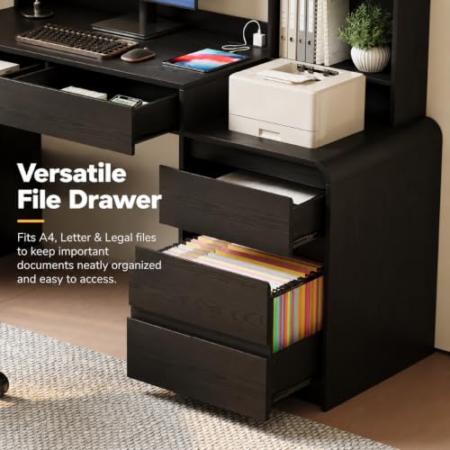 55.1" Computer Desk with Hutch & 4 Storage Drawers,Black, view 5
