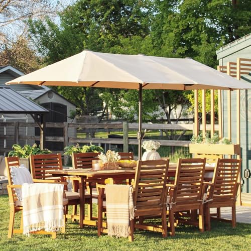7pc Outdoor Dining Set, Expandable Wood Table w/Umbrella Hole | Acacia wood teak patio furniture set for 6. Perfect for patio, deck, porch, backyard. Chairs with cushions.