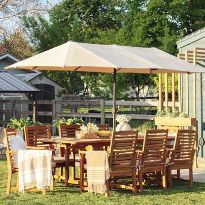 7pc Outdoor Dining Set, Expandable Wood Table w/Umbrella Hole | Acacia wood teak patio furniture set for 6. Perfect for patio, deck, porch, backyard. Chairs with cushions.