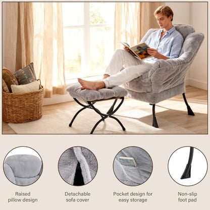 Lazy Chair with Ottoman, Modern Accent Chair with Armrests and a Side Pocket, Leisure Sofa Armchair, Reading Armchair with Footrest for Small Space, Plush Grey