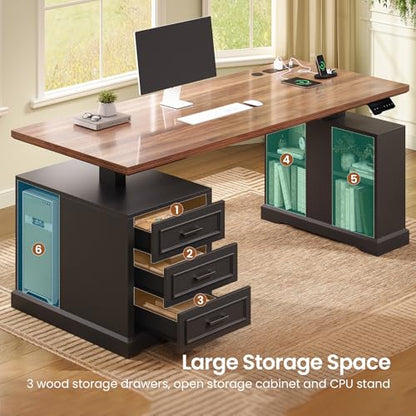 63" Farmhouse Electric Standing Desk with 3 Drawers, Storage Shelves, view 6
