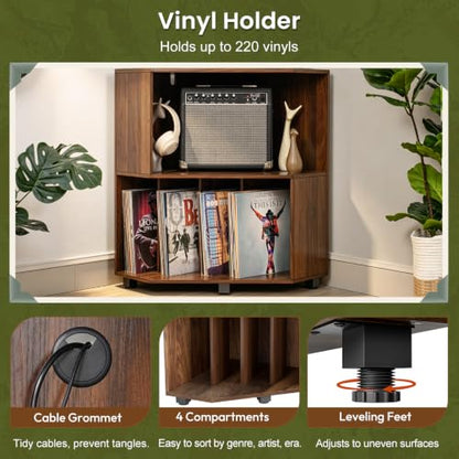 Corner Record Player Stand, Record Player Cabinet, Walnut, view 5