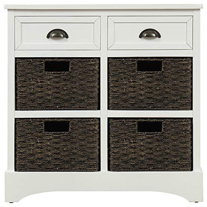 Storage Cabinet with 4 Classic Rattan Basket & 2 Drawers,for Living Room,Bedroom(28"L x 11.8"W x 28"H). (White)