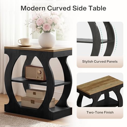 End Table with 3-Tier Storage, Narrow Side Table with Curved Frame, Wooden Nightstand for Living Room, Small Spaces, Bedroom, Rustic Brown & Black