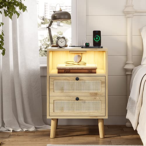 Natural rattan nightstand with charging station and two drawers, view 2