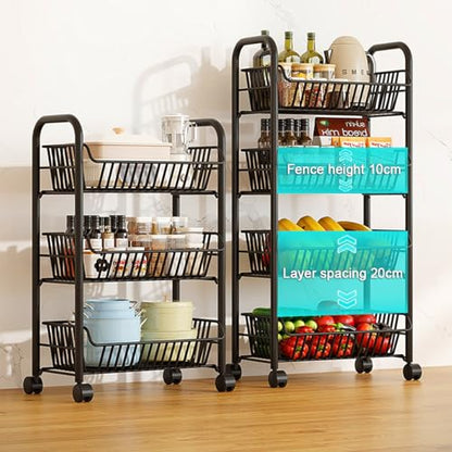 3 Tier Rolling Cart,Simple Trending 4 Tier Rolling Fruit Vegetable Basket Cart with 4 Detachable Wheels,Storage Rack for Kitchen,Bedroom for Bread Onion Potatoes(4 Floors)