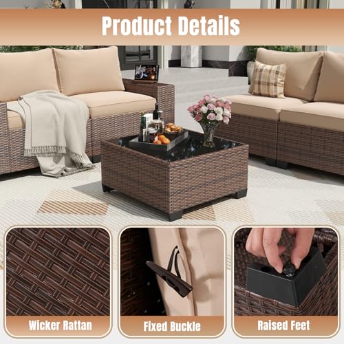 12 Pieces Patio Furniture Set Wicker Rattan Outdoor Sectional Conversation Set with Coffee Table and 4” Thickened Cushions, Beige (Waterproof Cover Included)