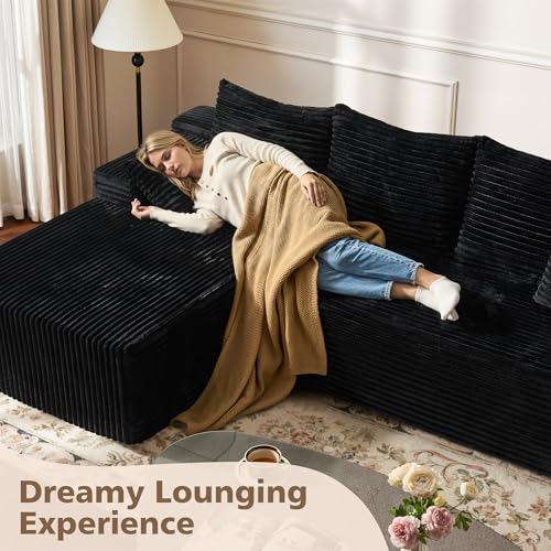 96" Cloud Sectional Couch with Comfy Chaise, Boneless L Shape Sofa with Deep Seat, Minimalist Modular Couches Sleeper for Living Room Bedroom Apartment Lounge,Black