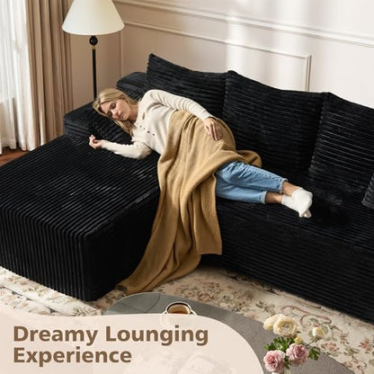 96" Cloud Sectional Couch with Comfy Chaise, Boneless L Shape Sofa with Deep Seat, Minimalist Modular Couches Sleeper for Living Room Bedroom Apartment Lounge,Black