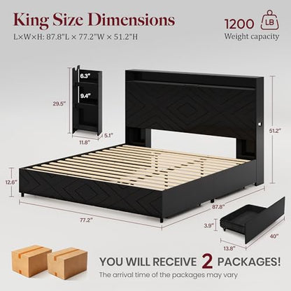 King Size Bed Frame with Bedside Storage & 4 Drawers, Black Walnut, view 3
