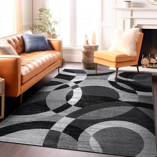 Gray Modern Geometric Area Rug, Abstract Circles, High-Traffic, Non-Shedding, for Living Room, Bedroom and Home Office, 5'3" x 7'3"