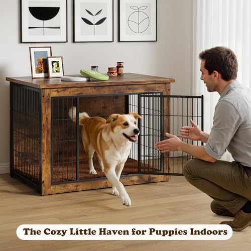 Wooden Dog Crate Furniture with Thick Cushion, Indoor Side Table Dog Kennel, view 7