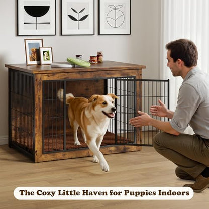 Wooden Dog Crate Furniture with Thick Cushion, Indoor Side Table Dog Kennel, view 7
