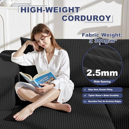 108" Boneless Couches for Living Room, Modular Cloud Couch Sofa - L Shap Corduroy Sectional Sofa, Fluffy Memory Foam Sleeper Sofa Furniture, No Assembly, Wide Armrest, Black