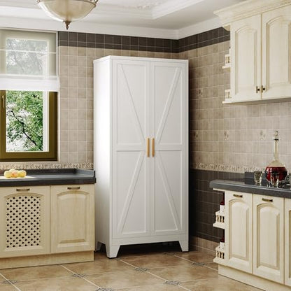 71" Metal Storage Cabinet with Doors and Shelves, Tall Pantry Cabinet in White with 2 Doors & 4 Adjustable Shelves, All-Steel Farmhouse Cupboard for Kitchen, Living Room,Home Office,Garage