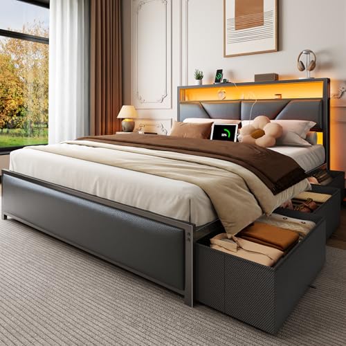 Queen Bed Frame with Storage Headboard, 6 Drawers, LED & Charging, view 2