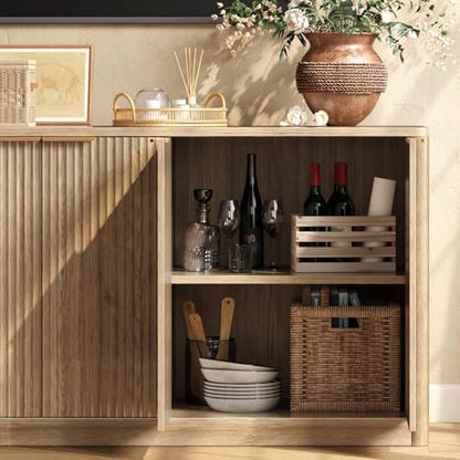67" Fluted Oak Buffet Cabinet Sideboard with Storage, Large Credenza with 6 Doors, Wood Mid Century Modern Sideboard for Kitchen and Living Room (67"*31.5"*15.7")