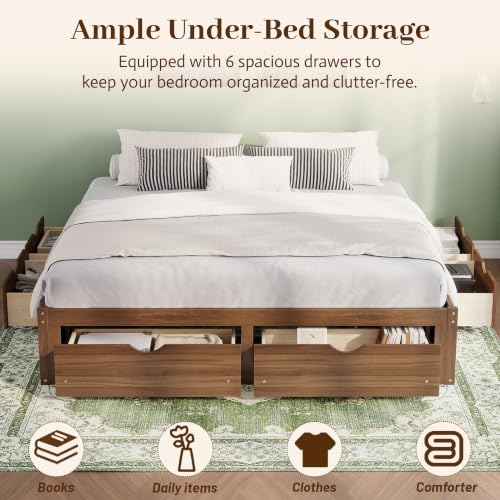 King Size Platform Bed with 6 Storage Drawers, Solid Pine Wood Storage Bed Frame, view 4