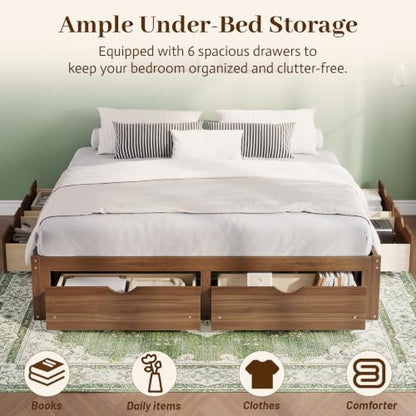 King Size Platform Bed with 6 Storage Drawers, Solid Pine Wood Storage Bed Frame, view 4