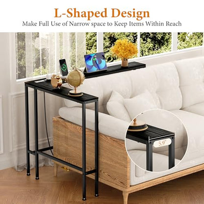 L Shaped 78" Narrow Console Sofa Table with Built-in Power Strip (2 AC Outlets & 2 USB Ports) – 4.9ft Power Cord, Metal Frame, Easy Assembly, Ideal for Behind Couch, Hallway (Black, 78IN)