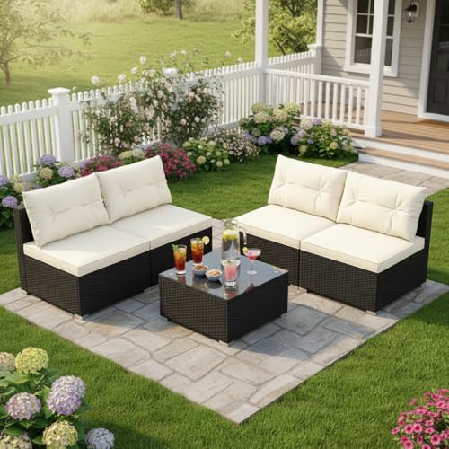 5 Piece Rattan Sofa Set, Patiojoy Outdoor Wicker Furniture Set with Seat & Back Cushions, Square Coffee Table, Patio Sectional Sofa Set for Backyard, Poolside, Garden