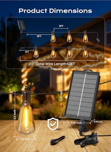 52FT Solar String Lights Outdoor Waterproof, Patio Lights with Remote & Timer, view 7