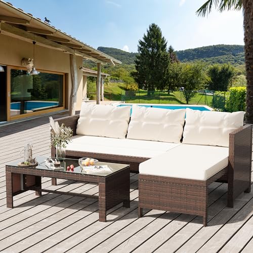 3-Piece Outdoor Patio Furniture Sets, Wicker Patio Conversation Sets, All Weather Wicker Rattan Patio Seating Sofas with Glass Coffee Table and Cushion, Beige