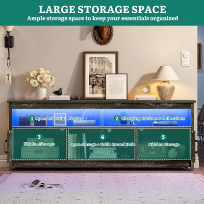 66 Inch TV Stand with Power Outlets for 75" TVs, Dark Grey Oak, view 6