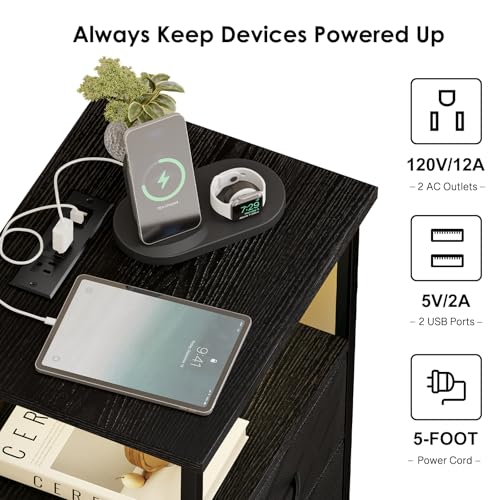 Night Stand with Charging Station, LED Nightstand with U-S-B Ports and Outlets for Small Spaces, 2 Fabric Storage Drawers, Bedside Table End Tables Bedroom Decor, Modern Black