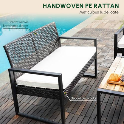 Wicker Patio Furniture Outdoor Conversation Set of 4, Rattan Outdoor Furniture Set, Acacia Wood Table, 2 Chairs, 1 Loveseat, 2” Cushions, All Weather Set for Patio, Porch, Balcony (Black)