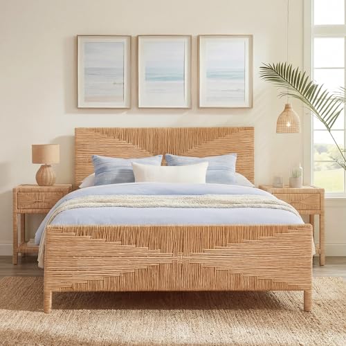 Boho Full Rattan Bed Frame with Headboard and Footboard, Hand Woven PE Wicker Bed, Mid Century Modern Metal Bedframe with Bamboo Style Design, Sturdy Metal Slats, 1000lbs, No Box Spring Needed