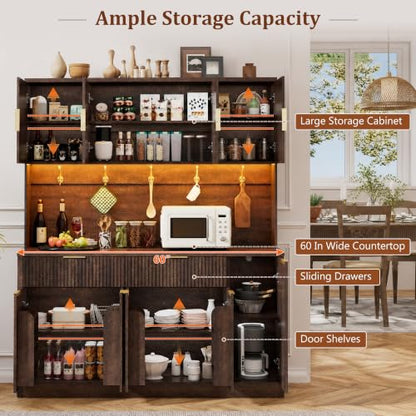60"W 72"H Pantry Storage Cabinet, Fluted Kitchen Hutch, Rustic Brown, view 5