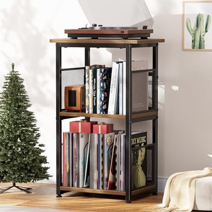 Record Player Stand, 3 Tiers Tall Side Table, Turntable Table with Vinyl Record Storage Up to 200 Albums, Rustic Brown